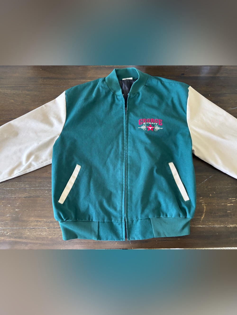George Strait Vintage 90s Concert Green Tan Jacket Tour Wear Size Large Zip Up
